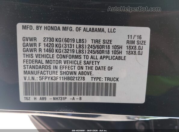 5FPYK3F11HB021278 2017 HONDA RIDGELINE Black Engine compartment view