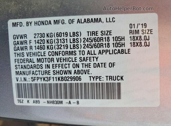 5FPYK3F11KB029906 2019 HONDA RIDGELINE Silver 