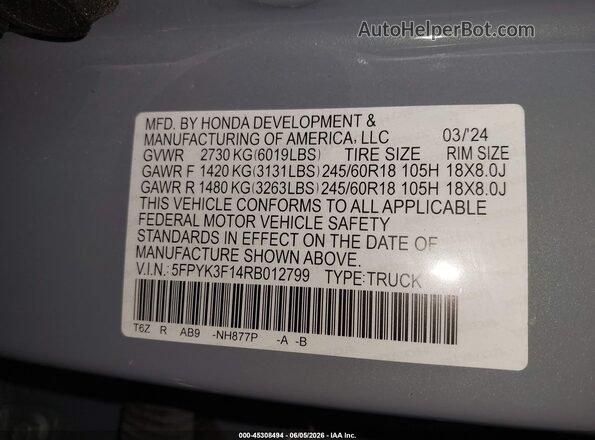 5FPYK3F14RB012799 2024 HONDA RIDGELINE Gray Engine compartment view