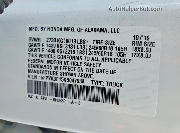 5FPYK3F15KB047938 2019 HONDA RIDGELINE Белый Вид подкапотного пространства