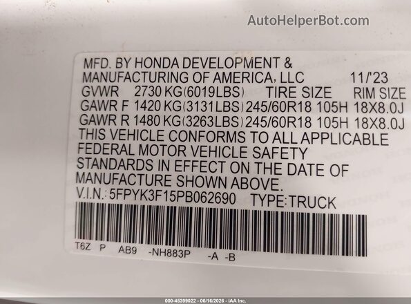 5FPYK3F15PB062690 2023 HONDA RIDGELINE White ძრავის განყოფილების ხედი