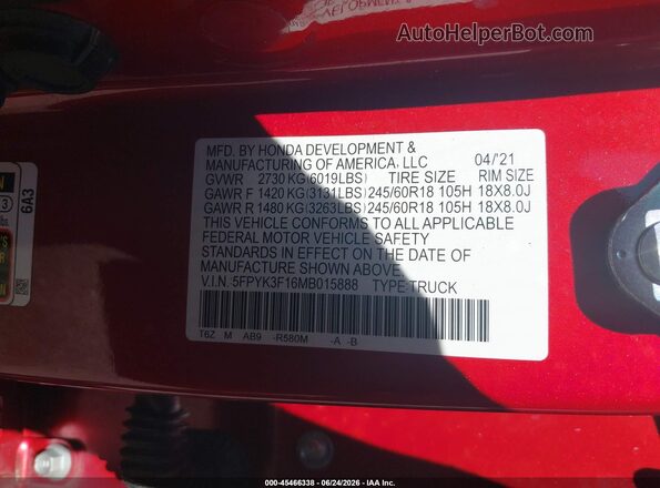 5FPYK3F16MB015888 2021 HONDA RIDGELINE Red Вид підкапотного простору
