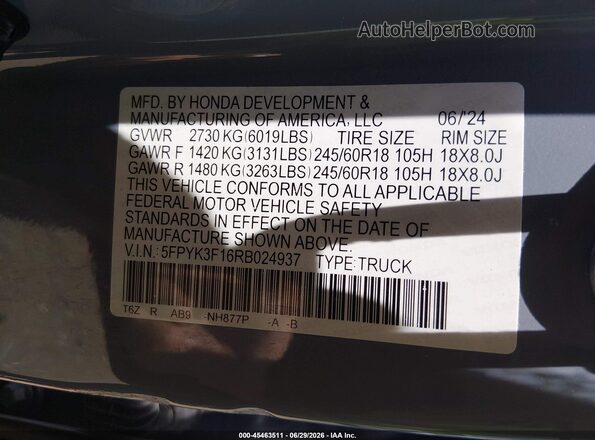 5FPYK3F16RB024937 2024 HONDA RIDGELINE Blue ძრავის განყოფილების ხედი