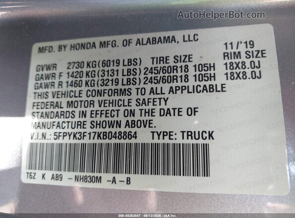 5FPYK3F17KB048864 2019 HONDA RIDGELINE Серый Вид подкапотного пространства