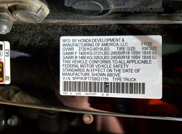 5FPYK3F17SB021759 2025 HONDA RIDGELINE Black Widok naklejki z numerem VIN