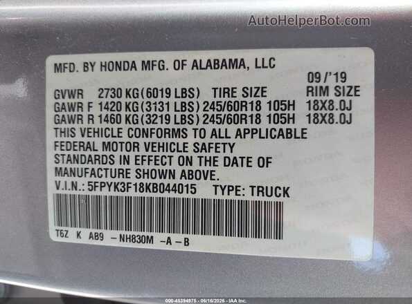 5FPYK3F18KB044015 2019 HONDA RIDGELINE Серебряный Вид подкапотного пространства