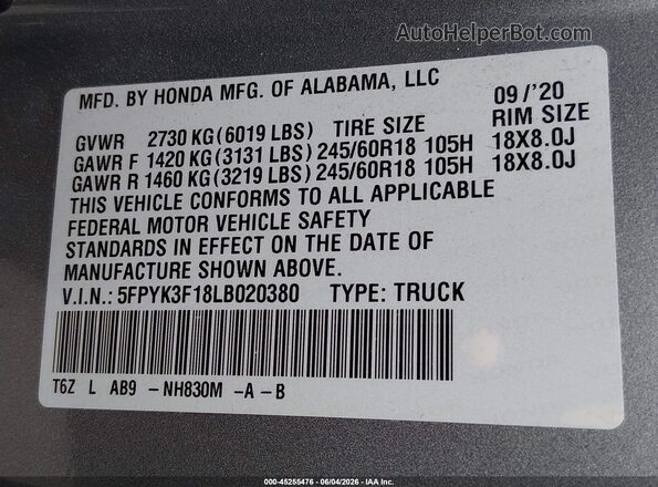 5FPYK3F18LB020380 2020 HONDA RIDGELINE Silver Widok komory silnika