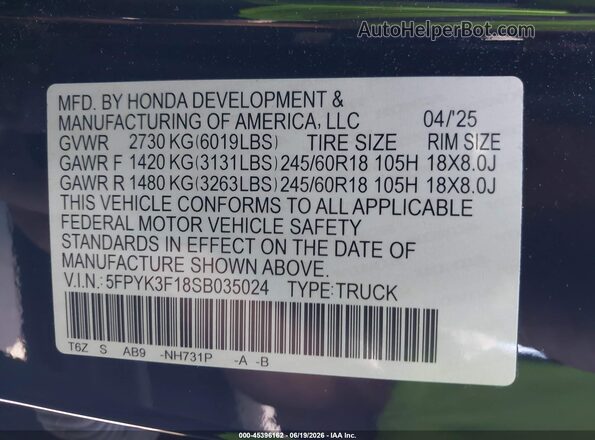 5FPYK3F18SB035024 2025 HONDA RIDGELINE Черный Вид подкапотного пространства