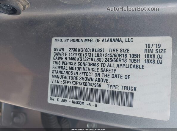 5FPYK3F1XKB047966 2019 HONDA RIDGELINE Silver VIN sticker view