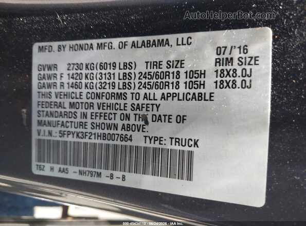 5FPYK3F21HB007664 2017 HONDA RIDGELINE Gray Engine compartment view