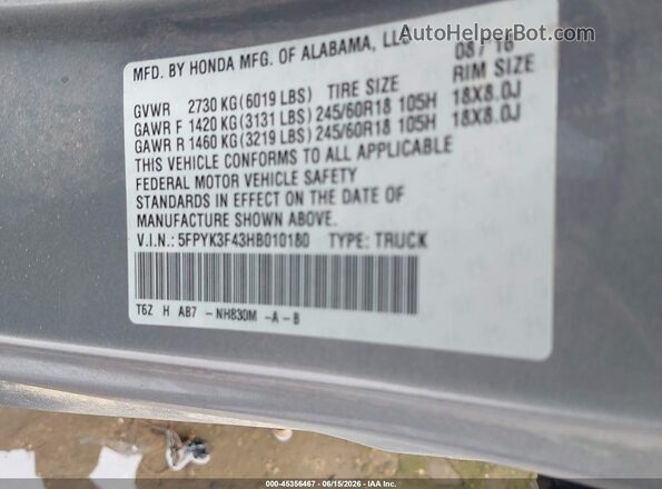 5FPYK3F43HB010180 2017 HONDA RIDGELINE Silver 