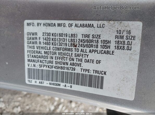 5FPYK3F45HB016739 2017 HONDA RIDGELINE Silver Շարժիչի բաժամունքի տեսք