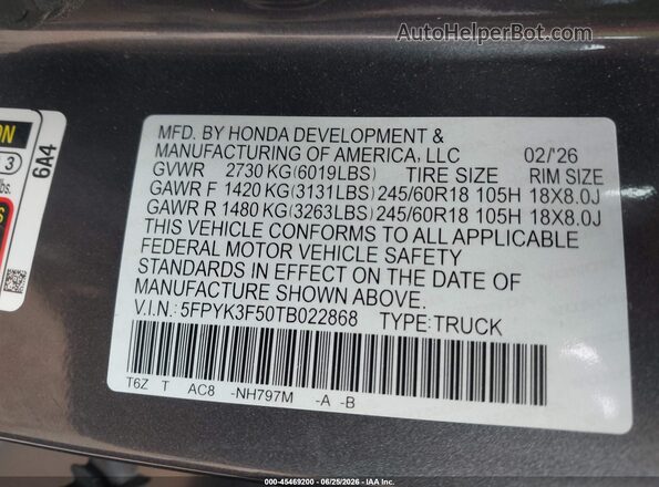 5FPYK3F50TB022868 2026 HONDA RIDGELINE Gray Вид підкапотного простору