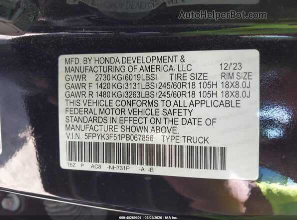 5FPYK3F51PB067856 2023 HONDA RIDGELINE Black Engine compartment view
