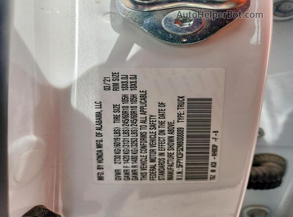 5FPYK3F52MB008889 2021 HONDA RIDGELINE White Вид наклейки з VIN-кодом
