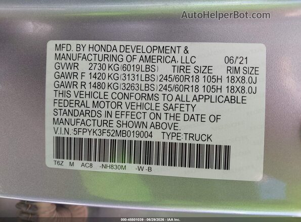 5FPYK3F52MB019004 2021 HONDA RIDGELINE Silver Widok komory silnika