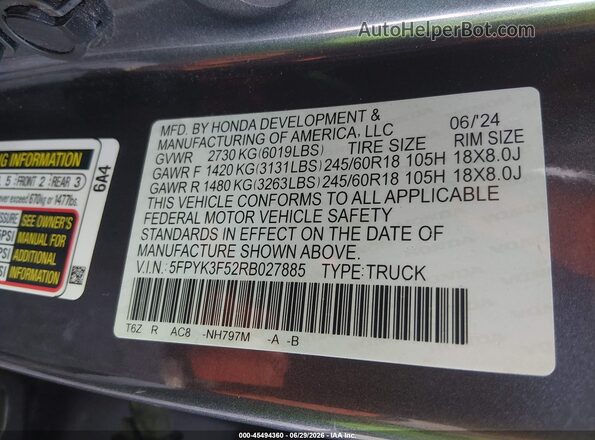 5FPYK3F52RB027885 2024 HONDA RIDGELINE Gray Widok komory silnika