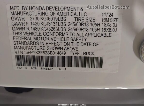 5FPYK3F52SB014849 2025 HONDA RIDGELINE White ძრავის განყოფილების ხედი