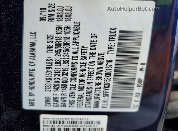 5FPYK3F53KB018716 2019 HONDA RIDGELINE Blue Вид підкапотного простору