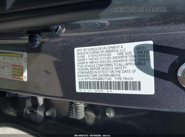 5FPYK3F53MB017326 2021 HONDA RIDGELINE Серый Вид подкапотного пространства