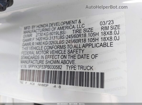 5FPYK3F53PB030582 2023 HONDA RIDGELINE White 