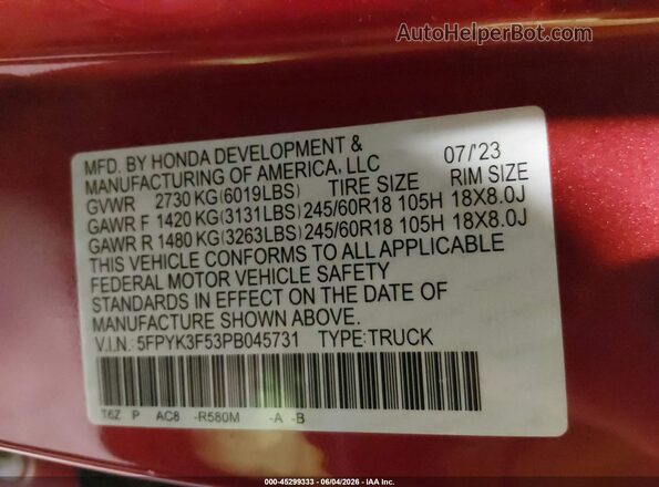 5FPYK3F53PB045731 2023 HONDA RIDGELINE Red ძრავის განყოფილების ხედი