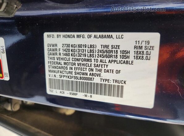 5FPYK3F55LB000087 2020 HONDA RIDGELINE Blue Vista de la etiqueta del VIN