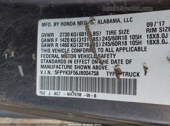 5FPYK3F56JB004758 2018 HONDA RIDGELINE Gray Widok komory silnika