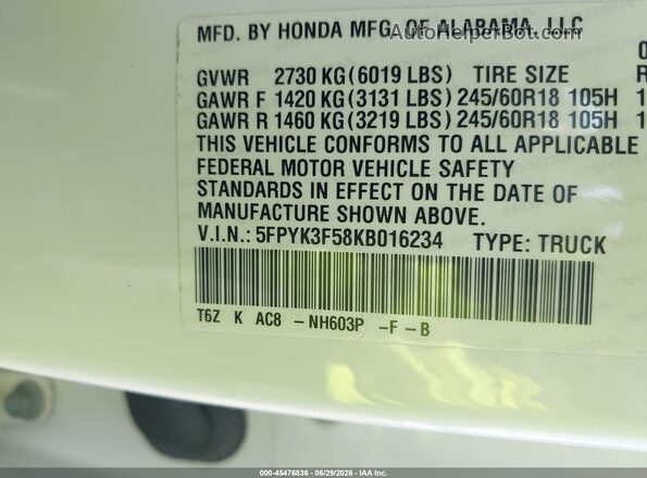 5FPYK3F58KB016234 2019 HONDA RIDGELINE White Engine compartment view