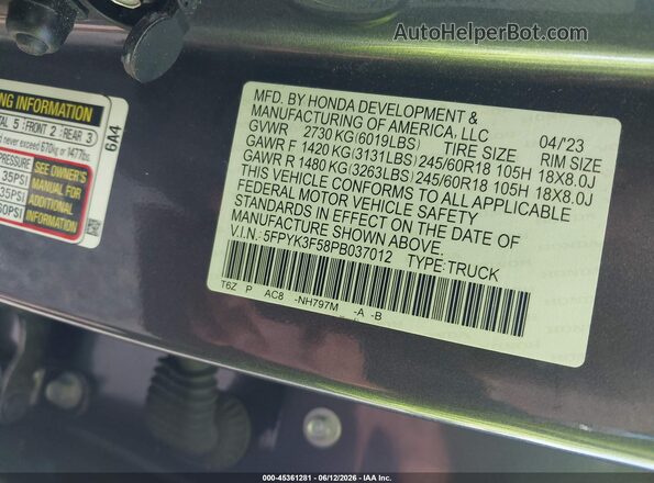5FPYK3F58PB037012 2023 HONDA RIDGELINE Gray Շարժիչի բաժամունքի տեսք