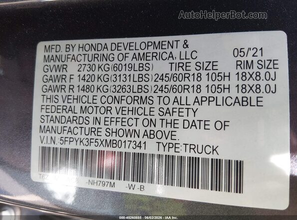 5FPYK3F5XMB017341 2021 HONDA RIDGELINE Gray 