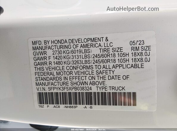 5FPYK3F5XPB038324 2023 HONDA RIDGELINE White Շարժիչի բաժամունքի տեսք