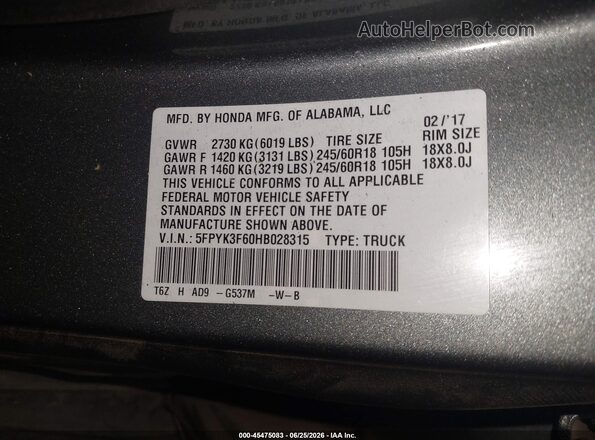 5FPYK3F60HB028315 2017 HONDA RIDGELINE Gray Widok komory silnika