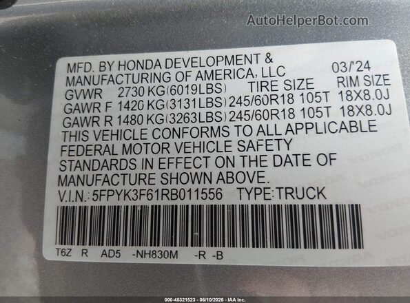 5FPYK3F61RB011556 2024 HONDA RIDGELINE Gray Вид підкапотного простору