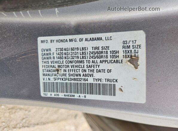 5FPYK3F63HB032164 2017 HONDA RIDGELINE Silver 