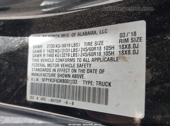5FPYK3F63KB001133 2019 HONDA RIDGELINE Black Շարժիչի բաժամունքի տեսք