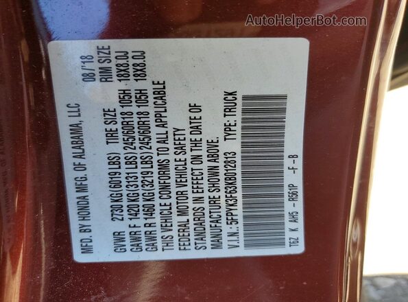 5FPYK3F63KB012813 2019 HONDA RIDGELINE Burgundy Widok komory silnika