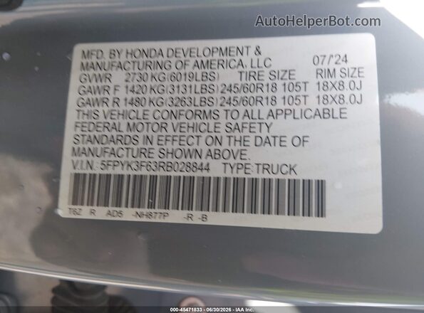 5FPYK3F63RB028844 2024 HONDA RIDGELINE Light Blue Vista del compartimento del motor