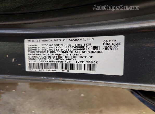 5FPYK3F65JB001424 2018 HONDA RIDGELINE Gray Вид підкапотного простору
