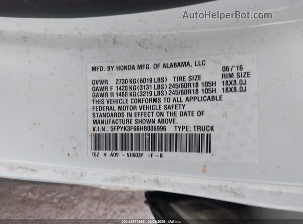 5FPYK3F66HB006996 2017 HONDA RIDGELINE White ძრავის განყოფილების ხედი