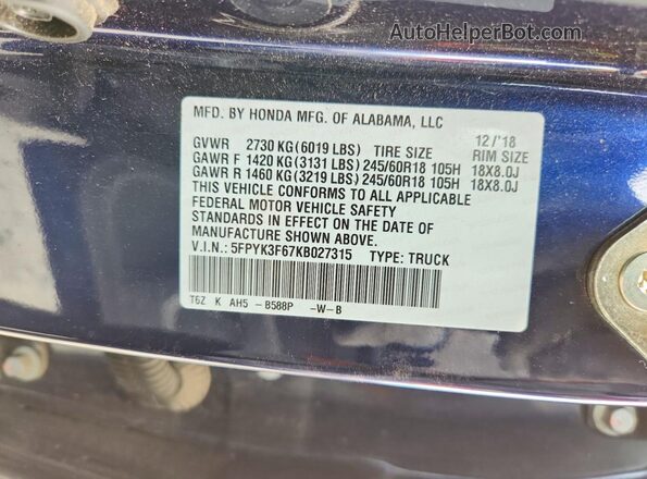 5FPYK3F67KB027315 2019 HONDA RIDGELINE Blue 