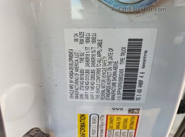 5FPYK3F6XSB002456 2025 HONDA RIDGELINE White VIN კოდის სტიკერის ხედი