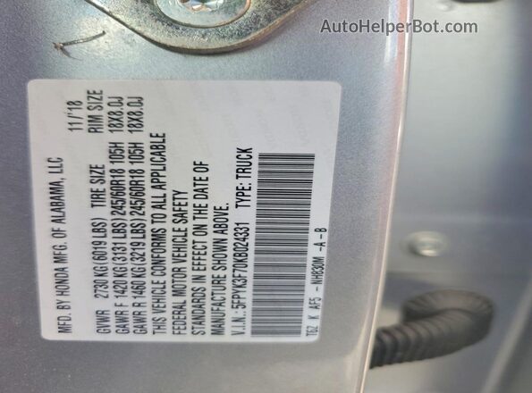 5FPYK3F70KB024331 2019 HONDA RIDGELINE Gray 