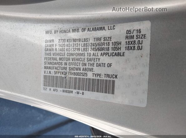 5FPYK3F71HB002525 2017 HONDA RIDGELINE Silver Շարժիչի բաժամունքի տեսք