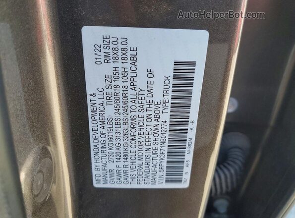 5FPYK3F71NB012774 2022 HONDA RIDGELINE Gray Vista del compartimento del motor