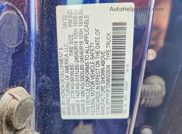 5FPYK3F72NB022634 2022 HONDA RIDGELINE Blue Вид підкапотного простору
