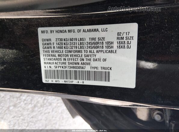 5FPYK3F73HB030567 2017 HONDA RIDGELINE Черный Вид подкапотного пространства