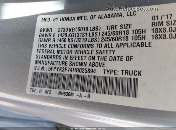5FPYK3F74HB025894 2017 HONDA RIDGELINE Silver Engine compartment view