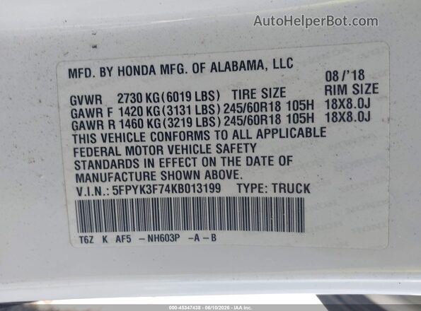 5FPYK3F74KB013199 2019 HONDA RIDGELINE White Vista del compartimento del motor