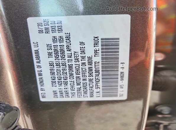 5FPYK3F74LB017772 2020 HONDA RIDGELINE Charcoal VIN კოდის სტიკერის ხედი